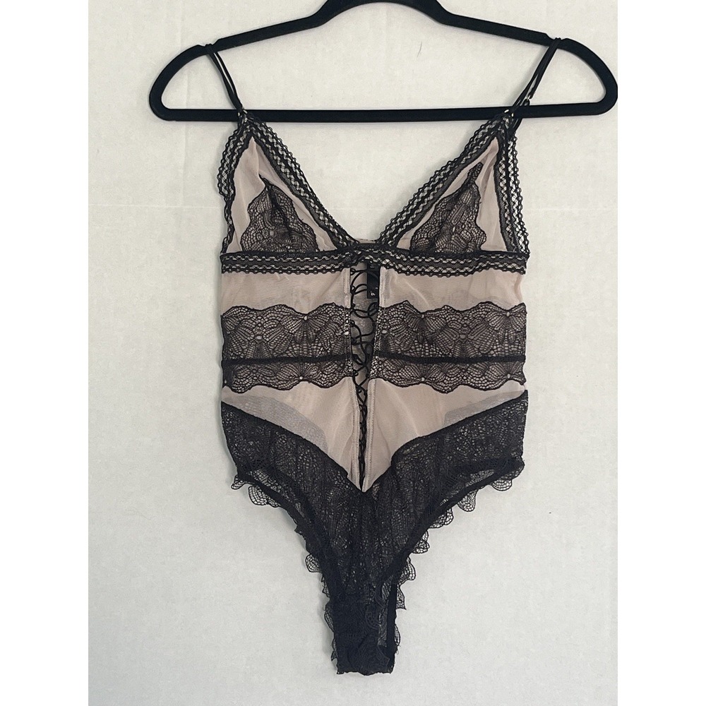 Victoria's Secret Black and Cream Lace Bodysuit
